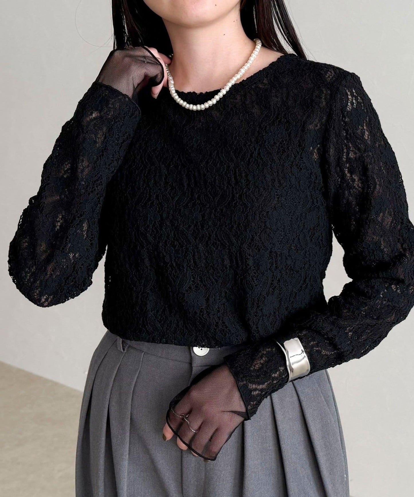 網紗拼接蕾絲長袖T恤