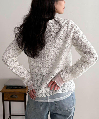 網紗拼接蕾絲長袖T恤