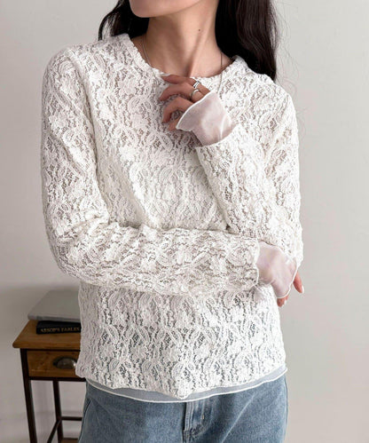 網紗拼接蕾絲長袖T恤