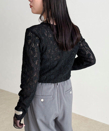 網紗拼接蕾絲長袖T恤