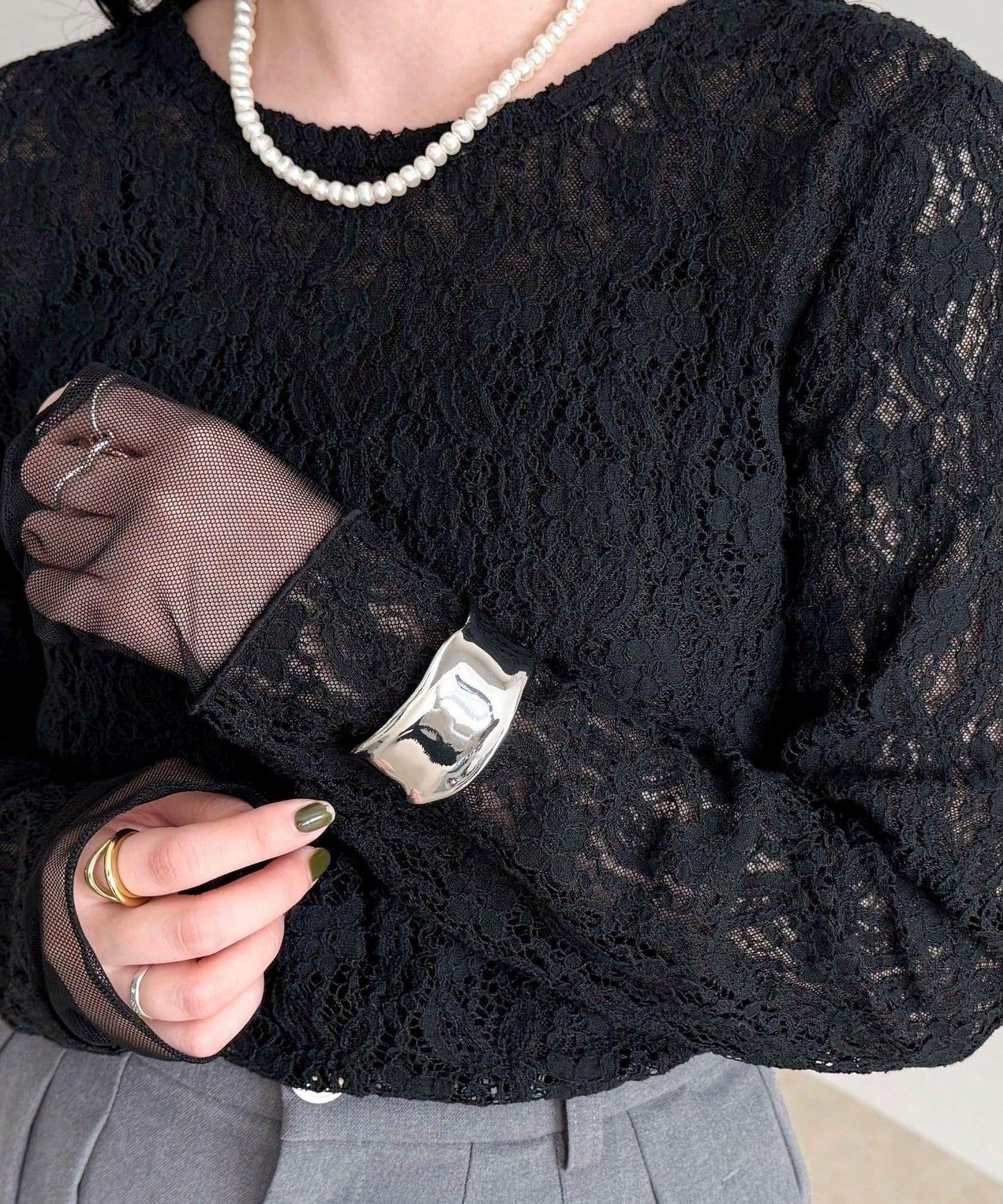 網紗拼接蕾絲長袖T恤