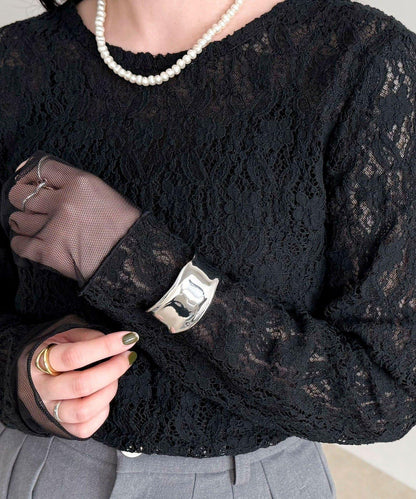 網紗拼接蕾絲長袖T恤