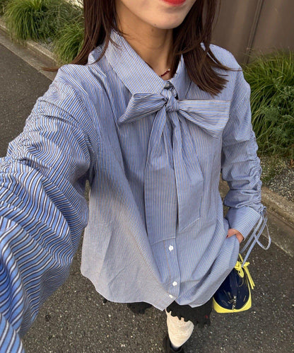 抽褶袖 蝴蝶結領 條紋襯衫