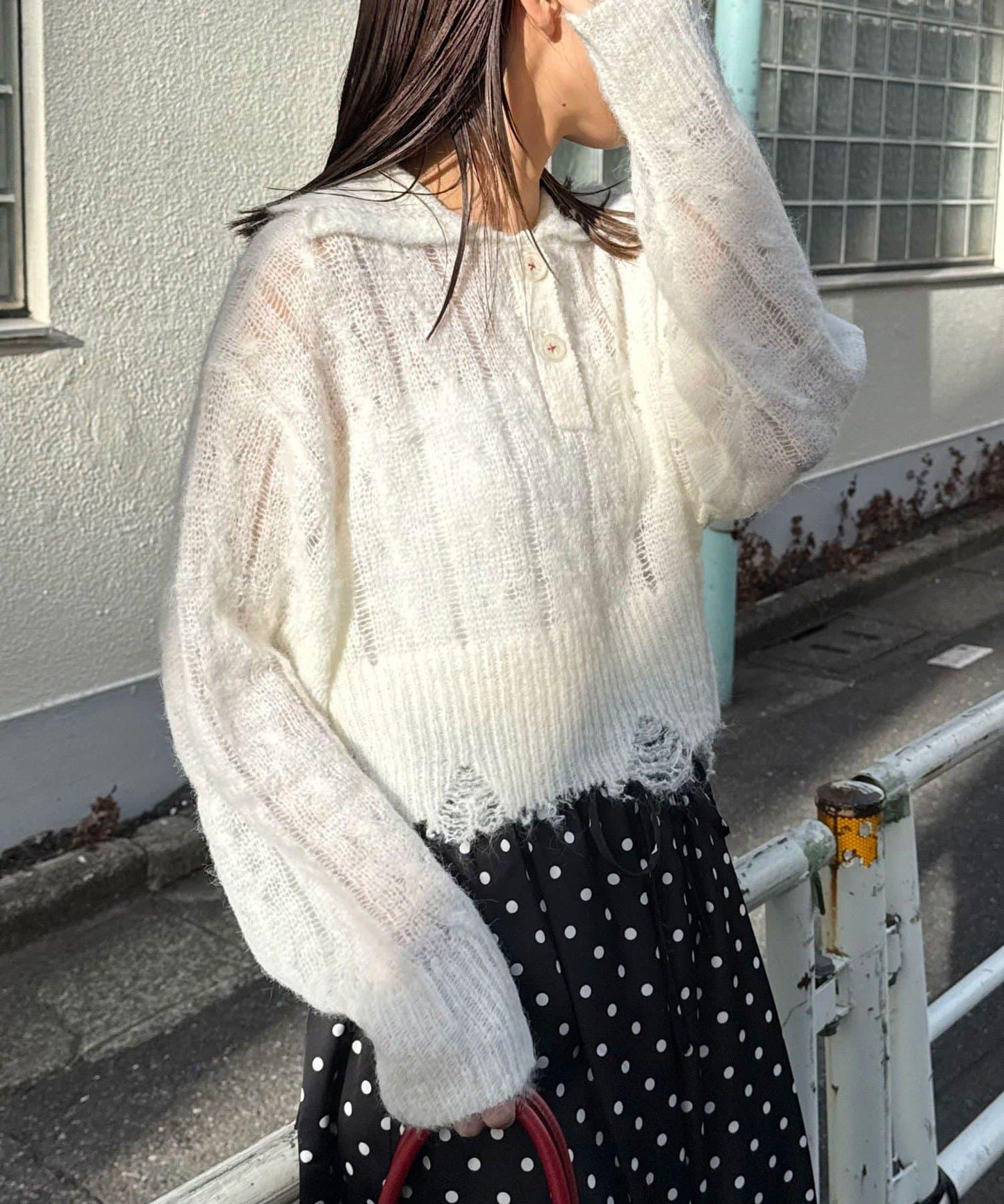 松織透膚麻花破損針織Polo衫