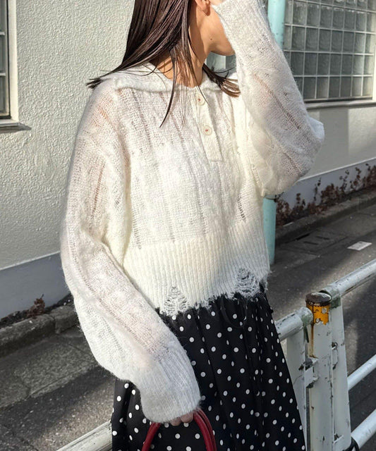 松織透膚麻花破損針織Polo衫