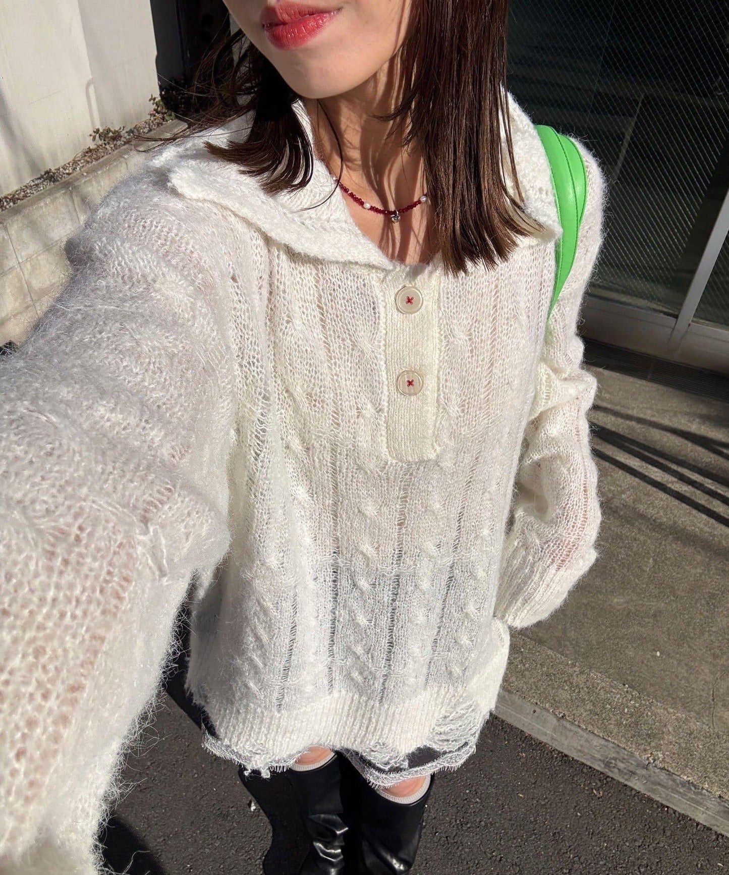 松織透膚麻花破損針織Polo衫