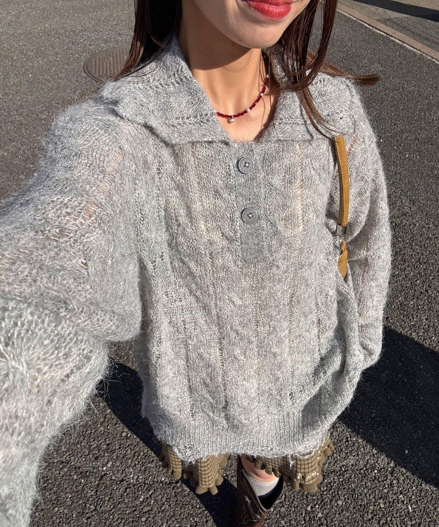 松織透膚麻花破損針織Polo衫