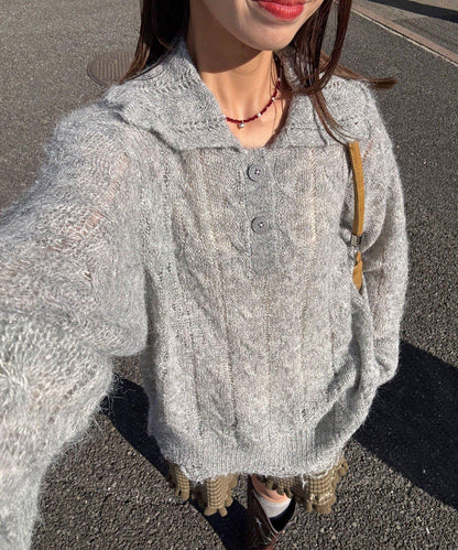 松織透膚麻花破損針織Polo衫