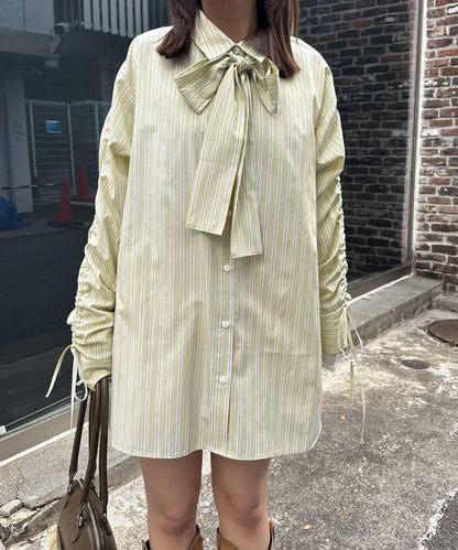 抽褶袖 蝴蝶結領 條紋襯衫