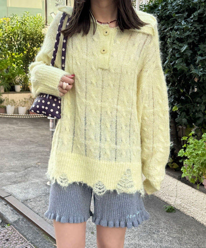 松織透膚麻花破損針織Polo衫