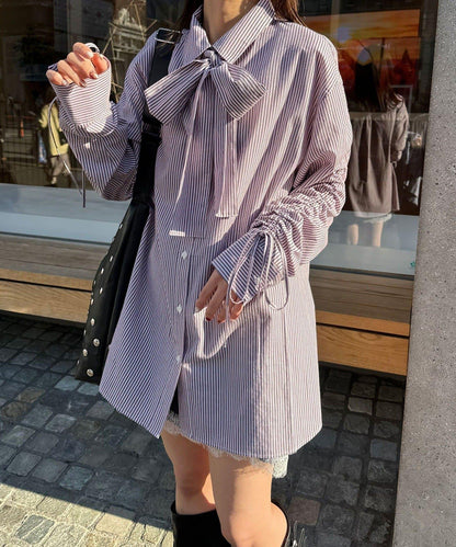 抽褶袖 蝴蝶結領 條紋襯衫
