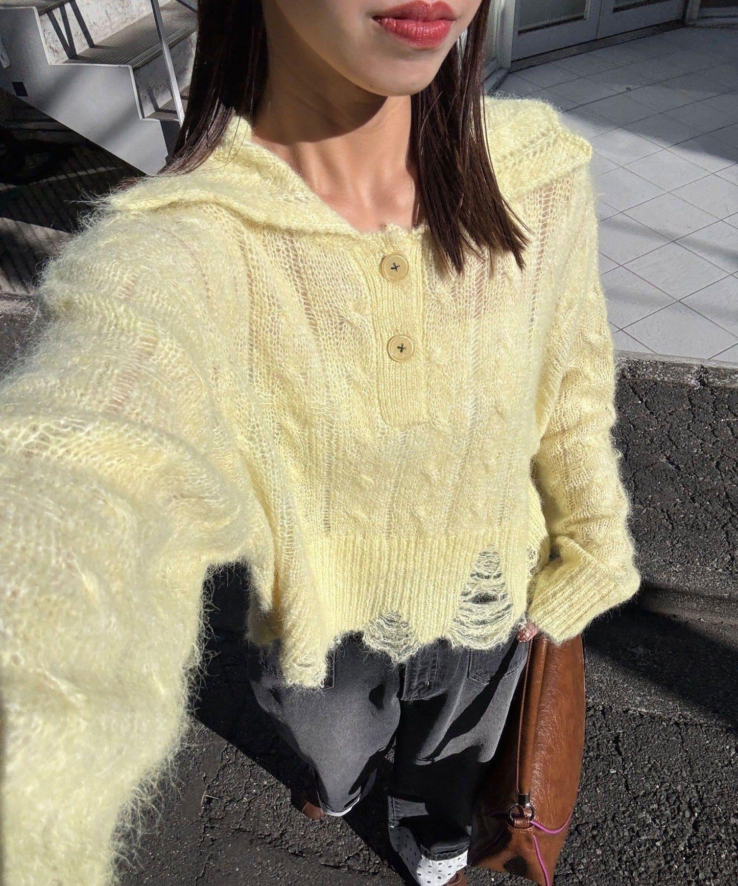 松織透膚麻花破損針織Polo衫