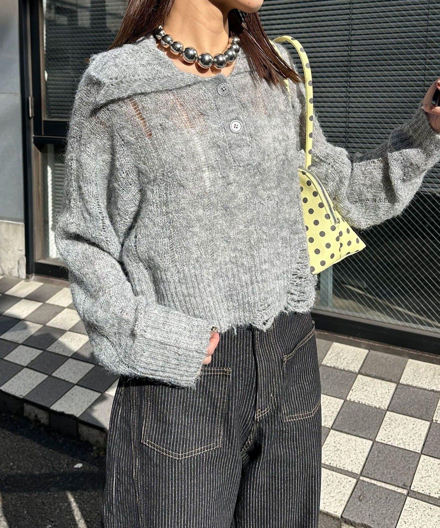 松織透膚麻花破損針織Polo衫