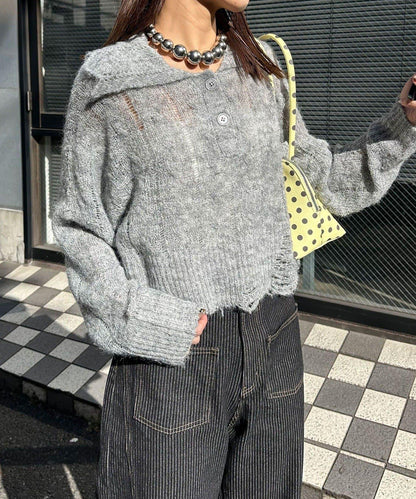 松織透膚麻花破損針織Polo衫