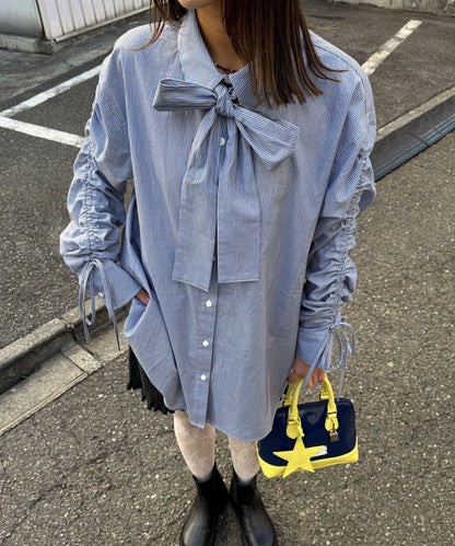 抽褶袖 蝴蝶結領 條紋襯衫