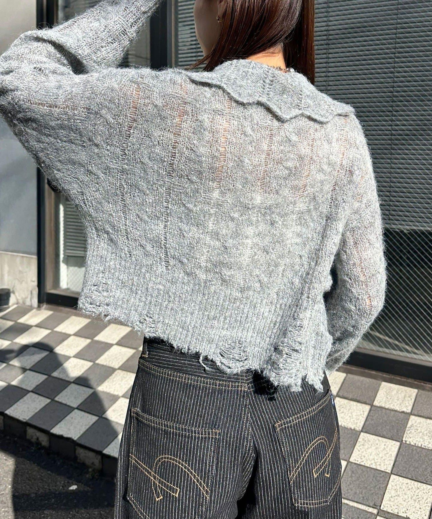 松織透膚麻花破損針織Polo衫