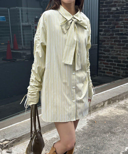 抽褶袖 蝴蝶結領 條紋襯衫