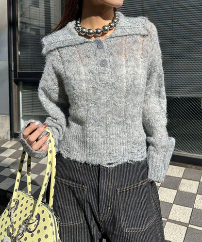 松織透膚麻花破損針織Polo衫