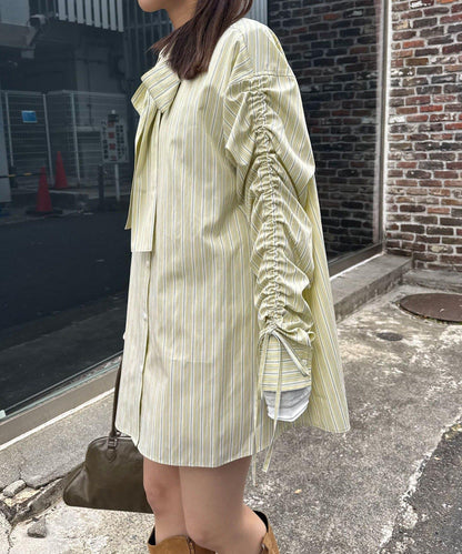 抽褶袖 蝴蝶結領 條紋襯衫
