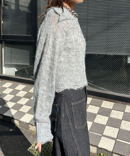 松織透膚麻花破損針織Polo衫