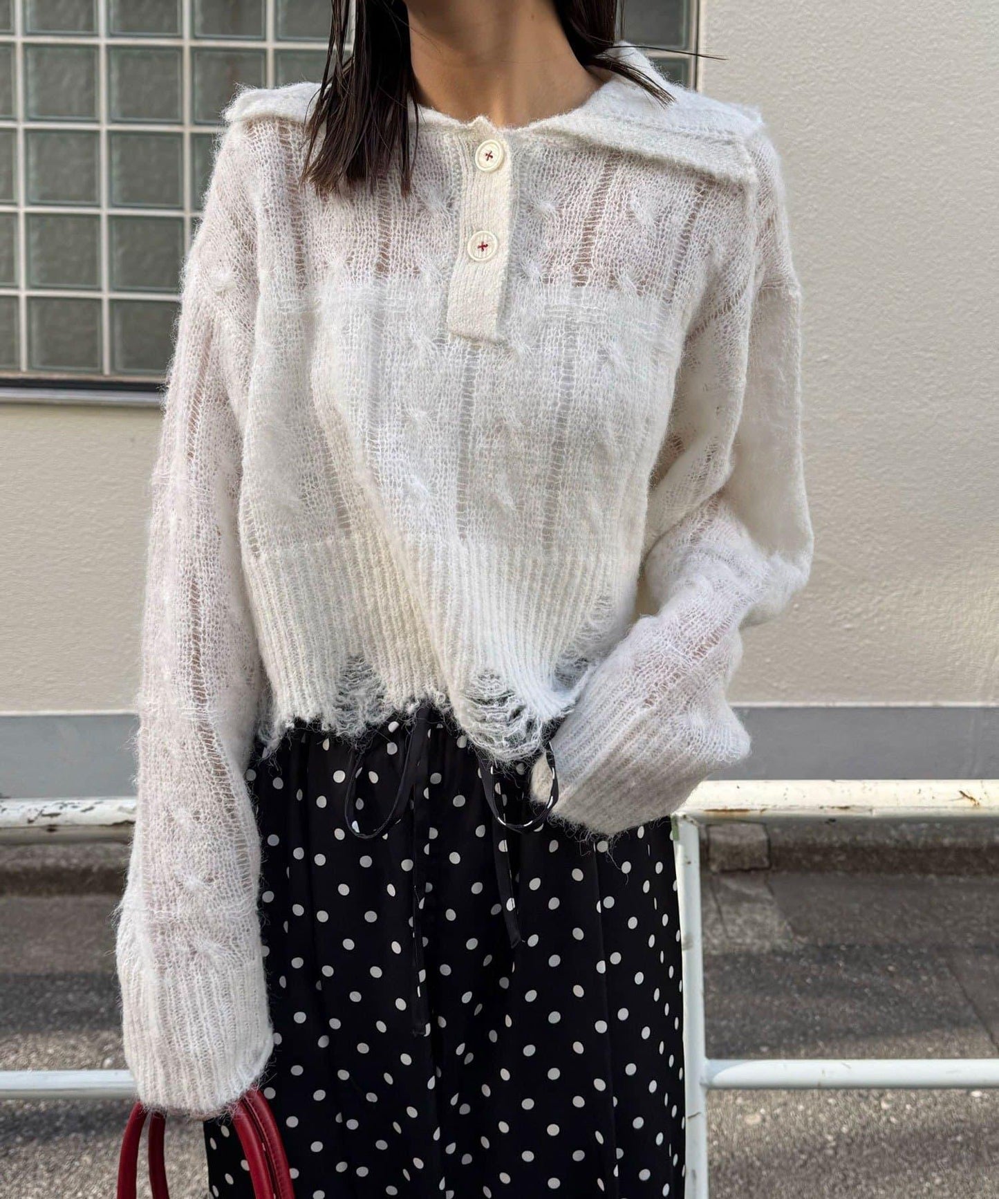 松織透膚麻花破損針織Polo衫