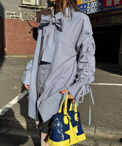 抽褶袖 蝴蝶結領 條紋襯衫