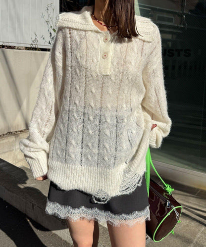 松織透膚麻花破損針織Polo衫