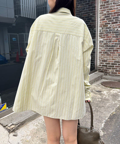 抽褶袖 蝴蝶結領 條紋襯衫