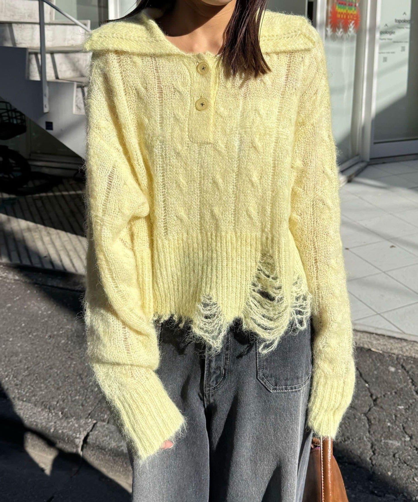 松織透膚麻花破損針織Polo衫