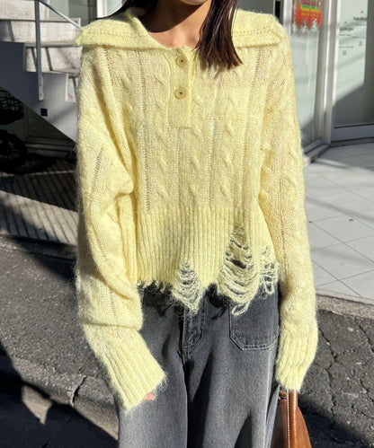 松織透膚麻花破損針織Polo衫