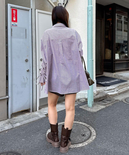 抽褶袖 蝴蝶結領 條紋襯衫