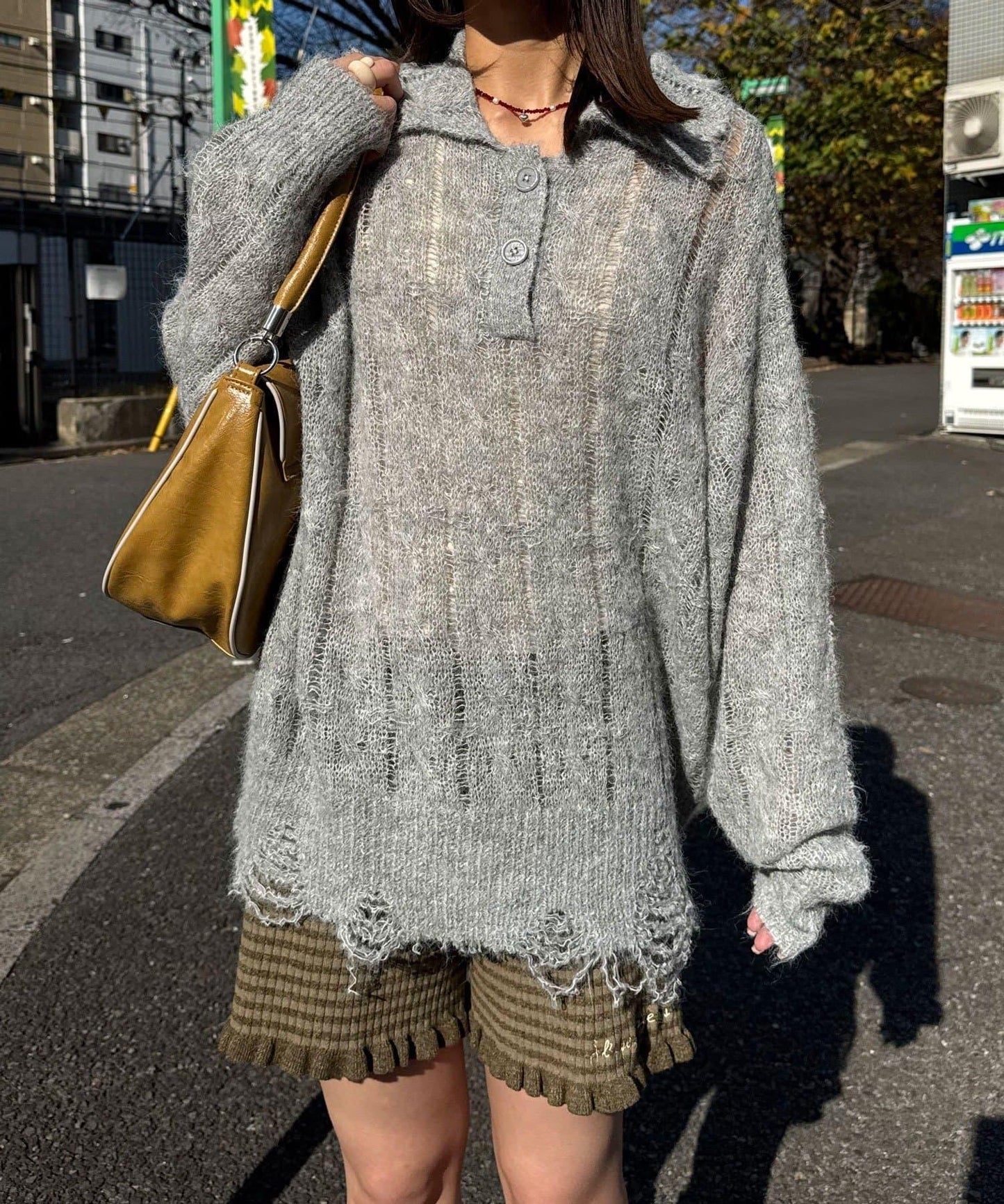 松織透膚麻花破損針織Polo衫