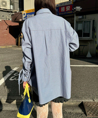 抽褶袖 蝴蝶結領 條紋襯衫