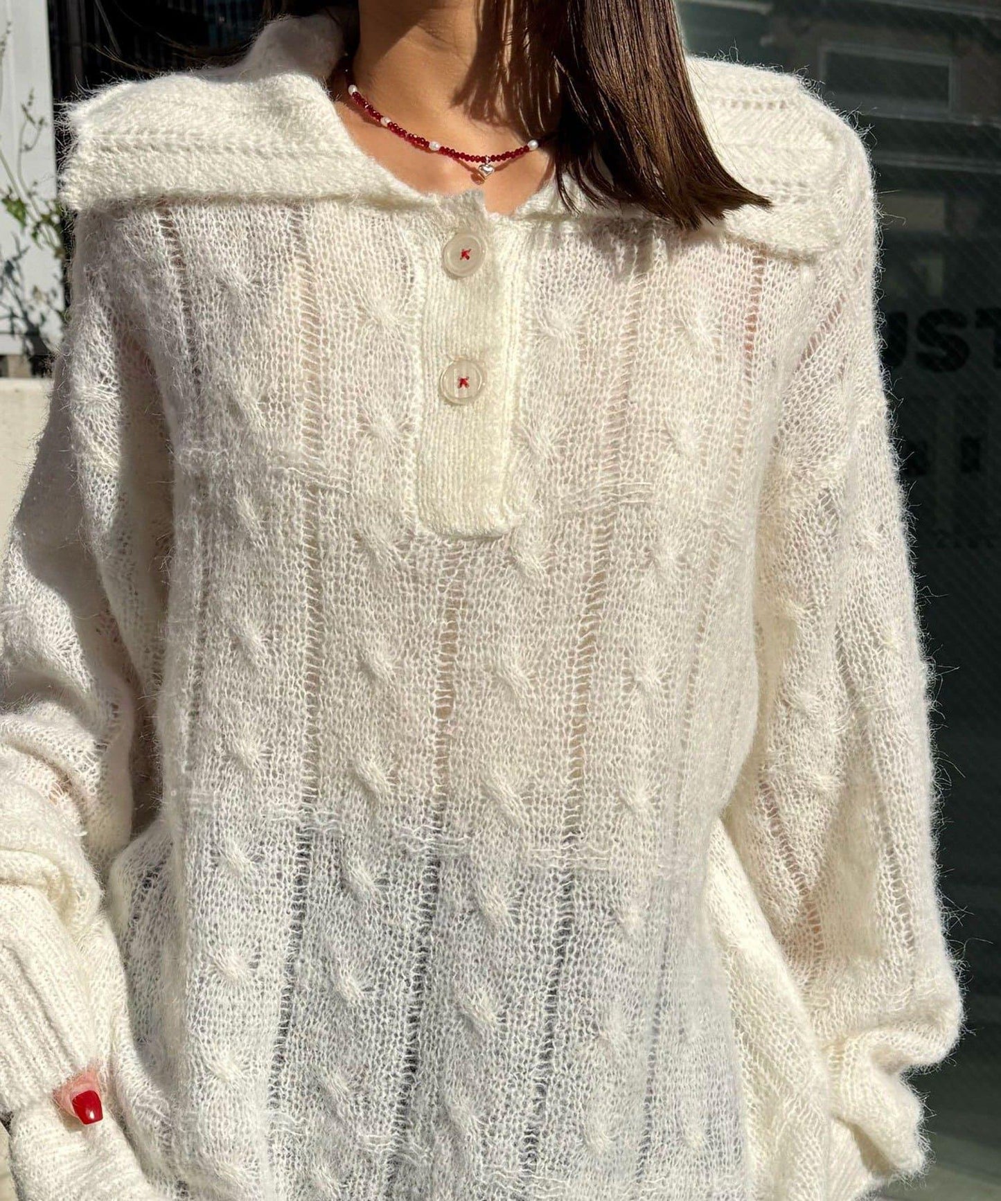 松織透膚麻花破損針織Polo衫