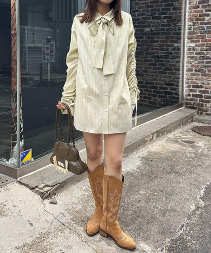 抽褶袖 蝴蝶結領 條紋襯衫