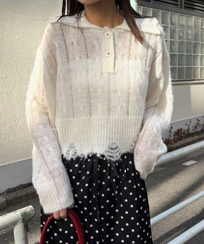 松織透膚麻花破損針織Polo衫