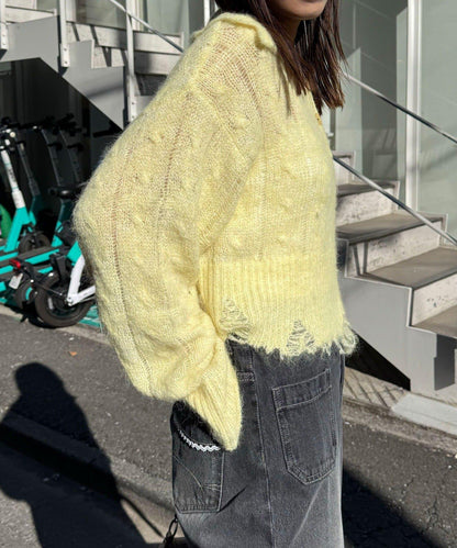 松織透膚麻花破損針織Polo衫