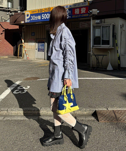 抽褶袖 蝴蝶結領 條紋襯衫