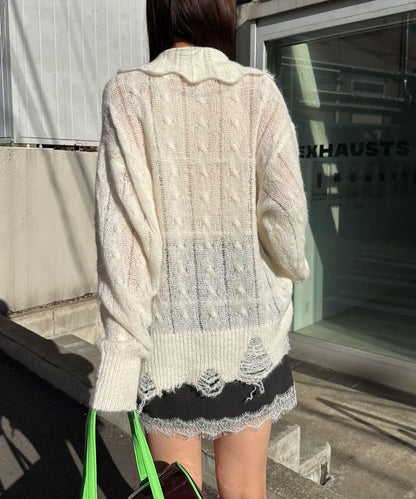 松織透膚麻花破損針織Polo衫