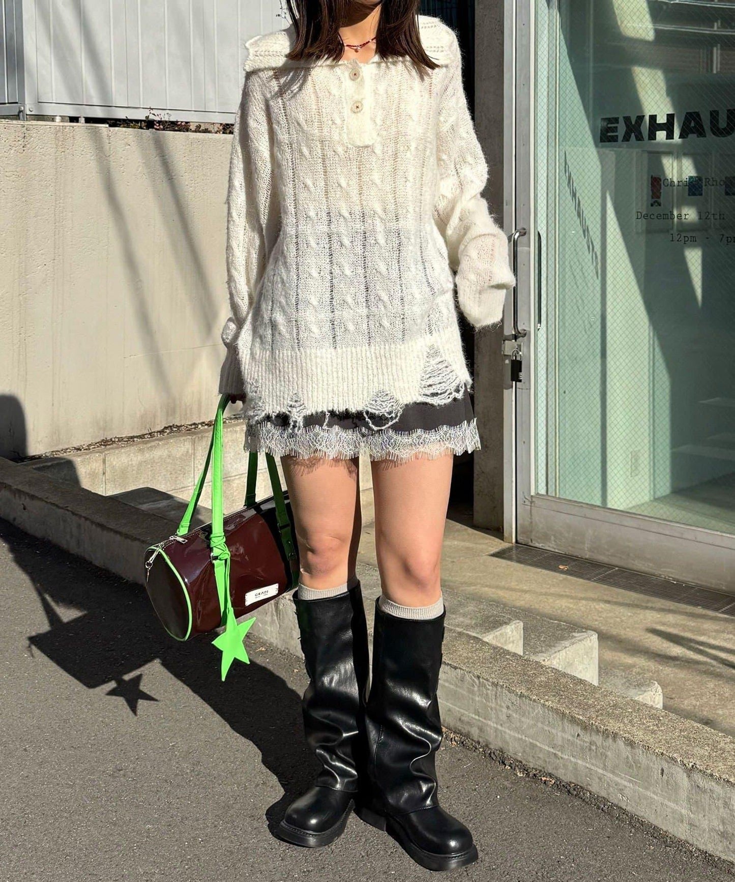 松織透膚麻花破損針織Polo衫