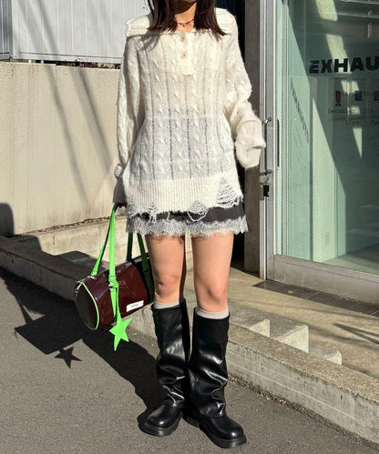 松織透膚麻花破損針織Polo衫