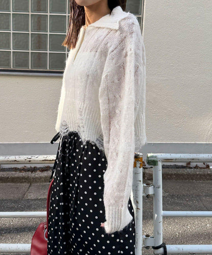 松織透膚麻花破損針織Polo衫