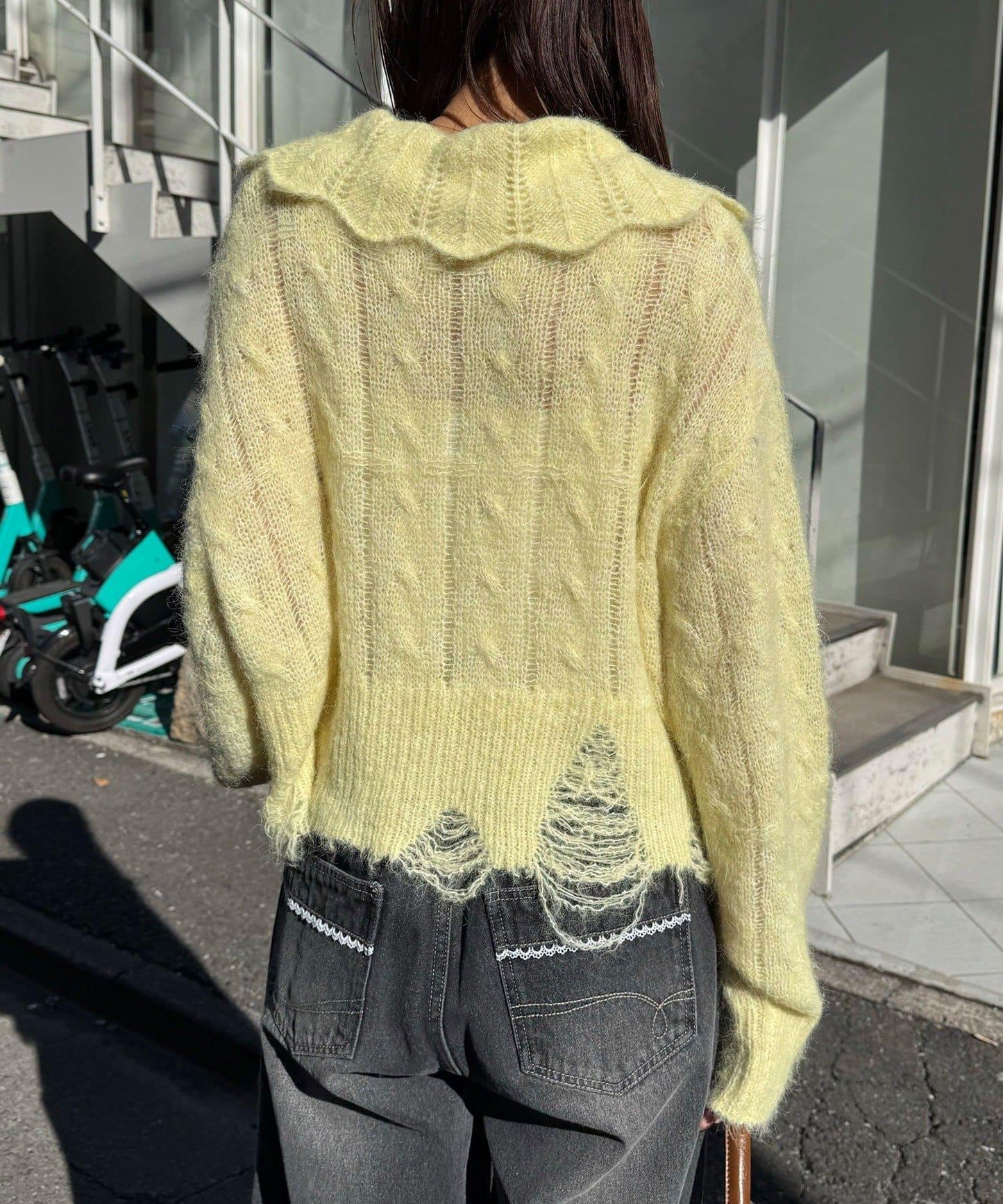 松織透膚麻花破損針織Polo衫