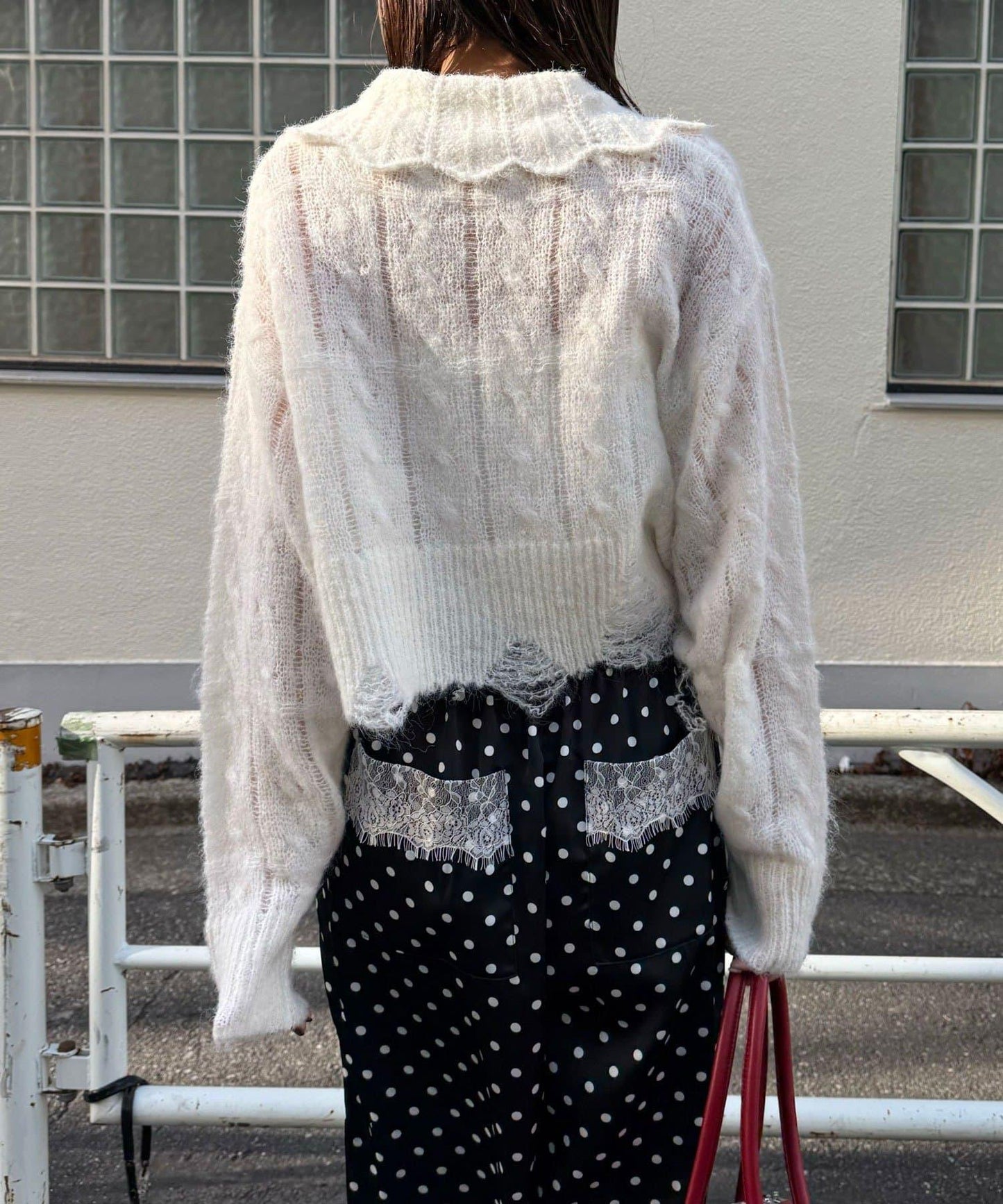 松織透膚麻花破損針織Polo衫