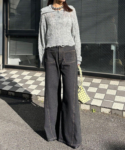 松織透膚麻花破損針織Polo衫