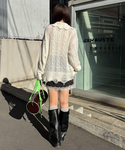 松織透膚麻花破損針織Polo衫