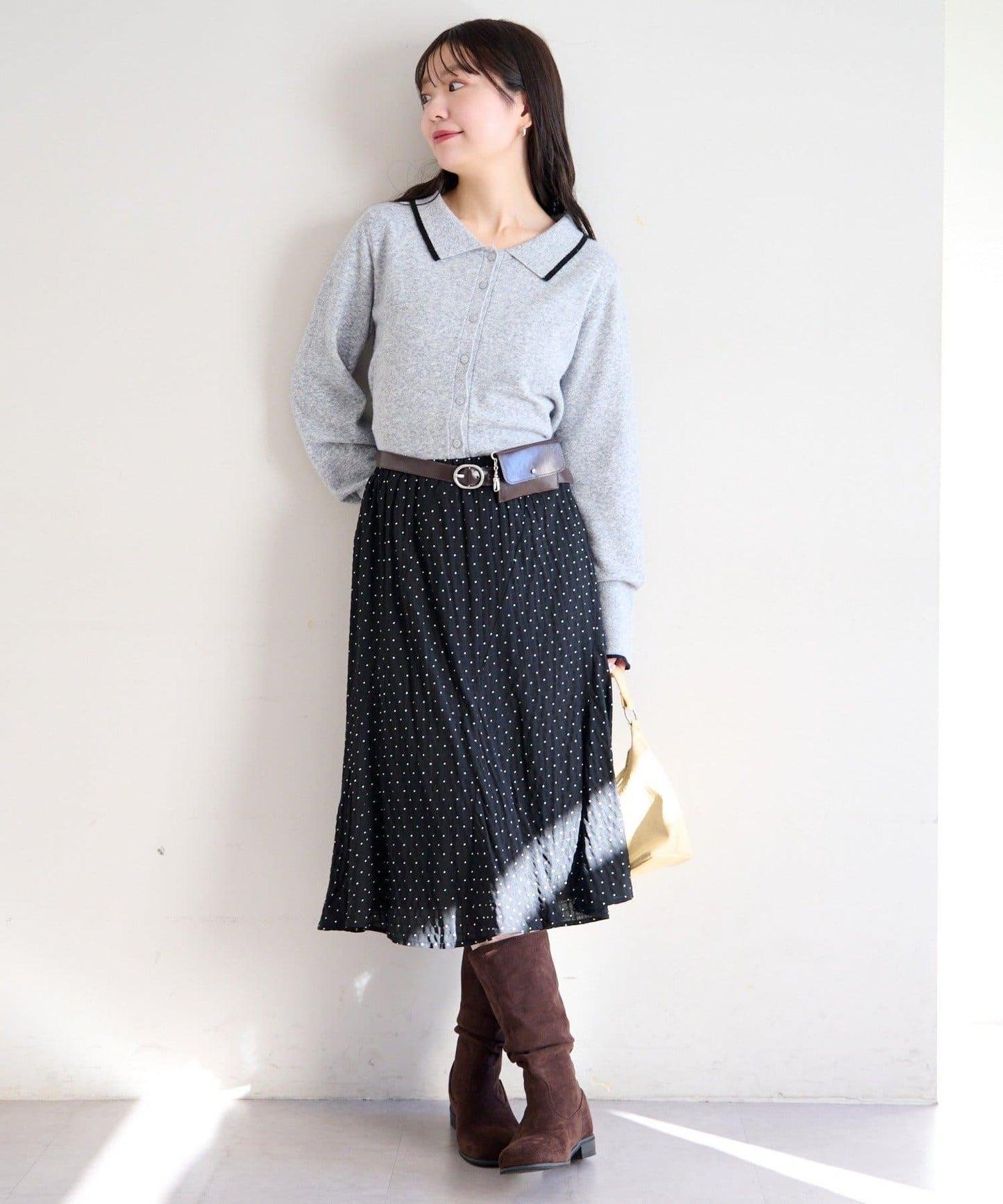 波點透紗中長半身裙