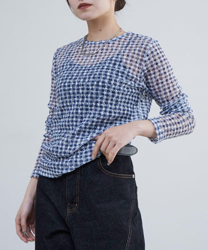 蕾絲格紋印花 上衣