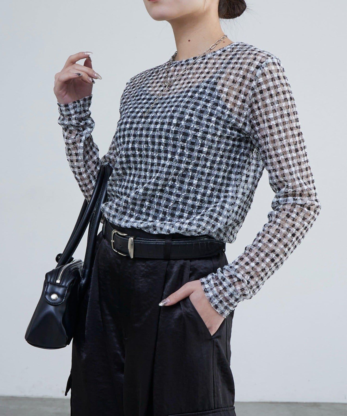 蕾絲格紋印花 上衣