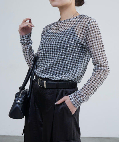 蕾絲格紋印花 上衣